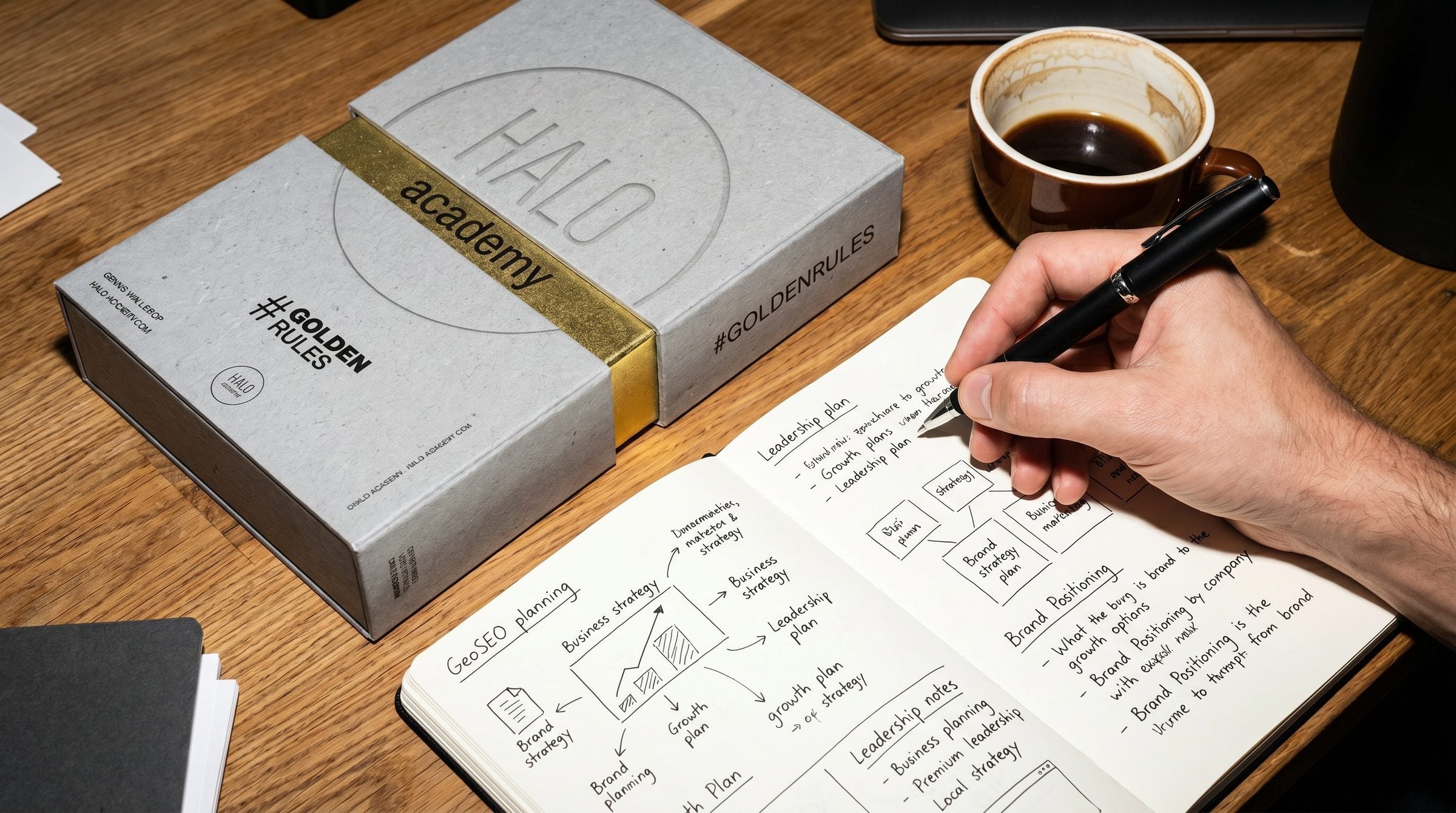 Strategie-Notizen neben der HALO Box: Brand Strategy, Leadership Plan