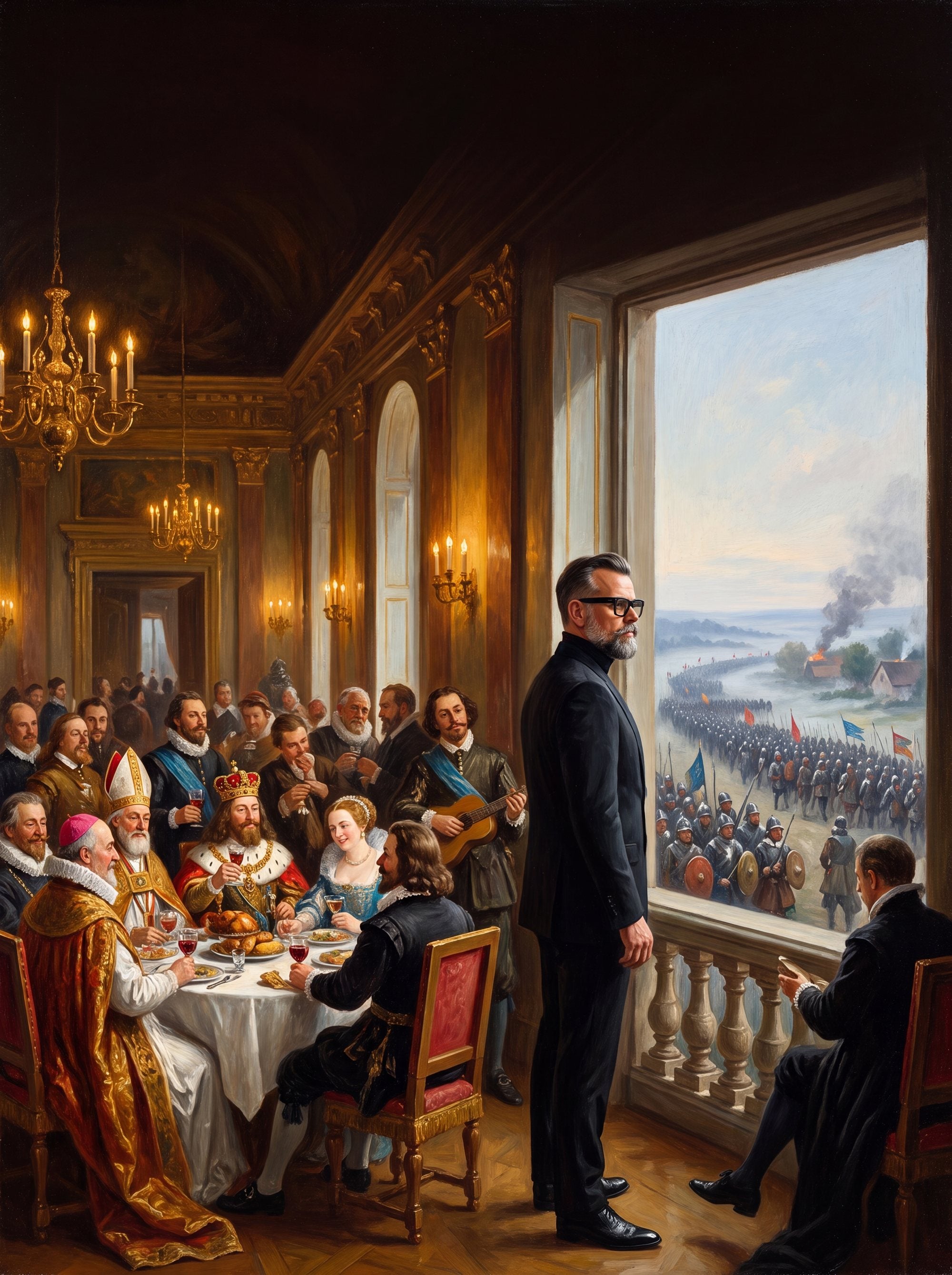 Dennis van Lierop an der Tafel, Gemäldeszene aus der Bildwelt des Buchs